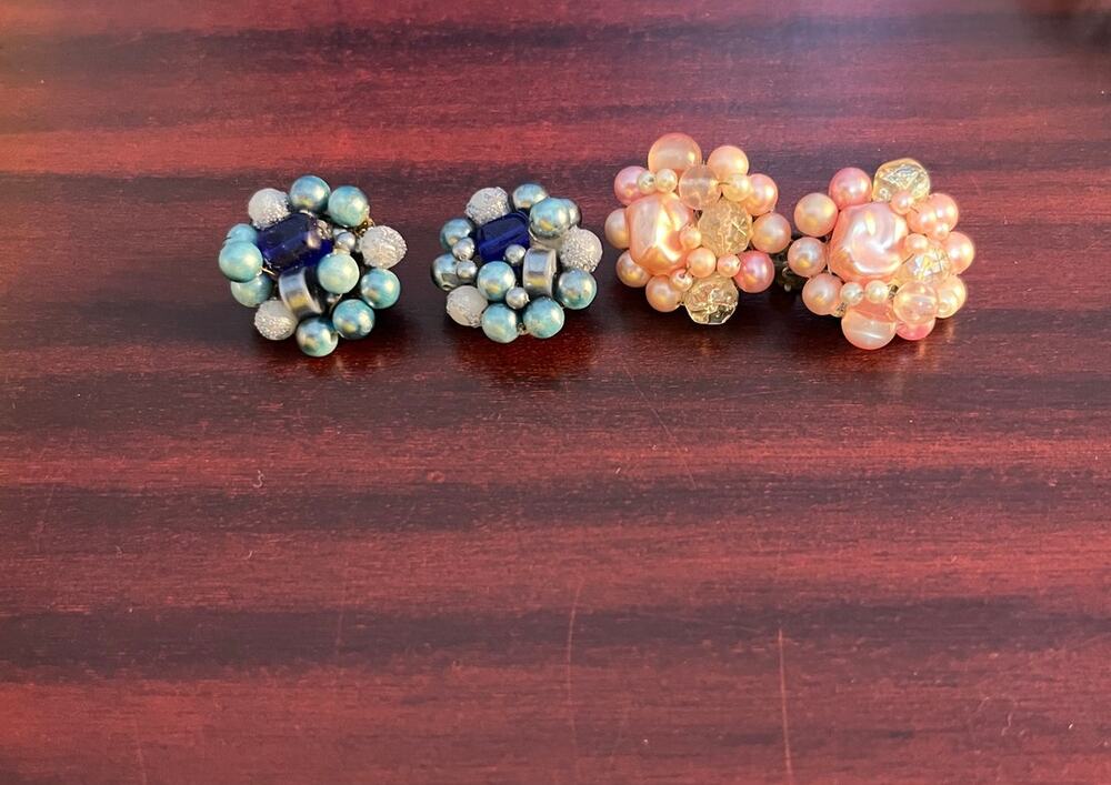 VTG Pink & Blue Beaded Rhinestone Clip On Earrings Made in Japan Coquette